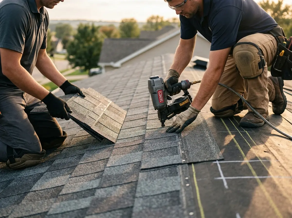 Professional roofer working on a residential roof in Malvern